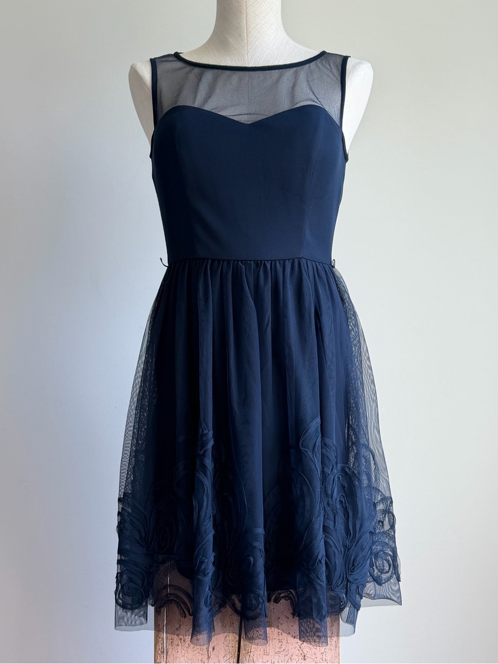 Studio Navy Sleeveless A-Line Midi Dress with Sheer Yoke